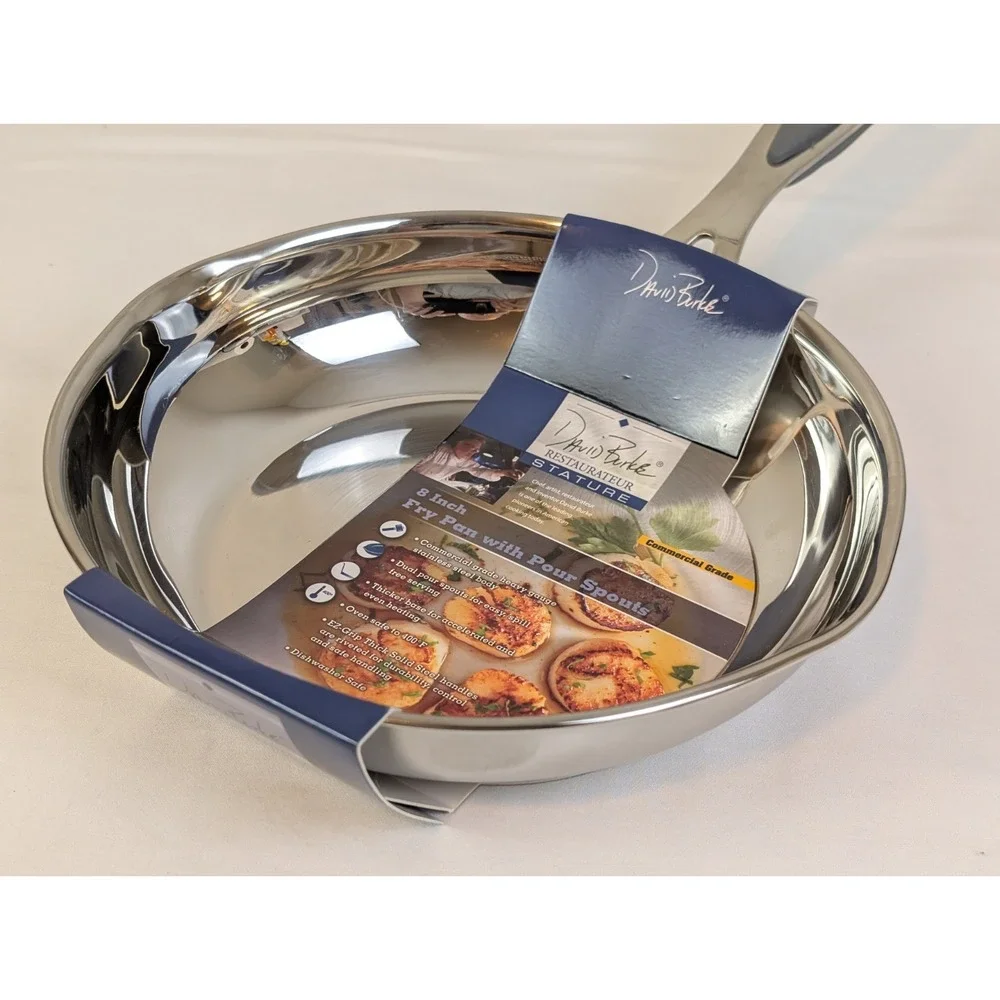 David Burke 8 Inch Stainless Steel Fry Pan with Pour Spouts Restaurateur Stature